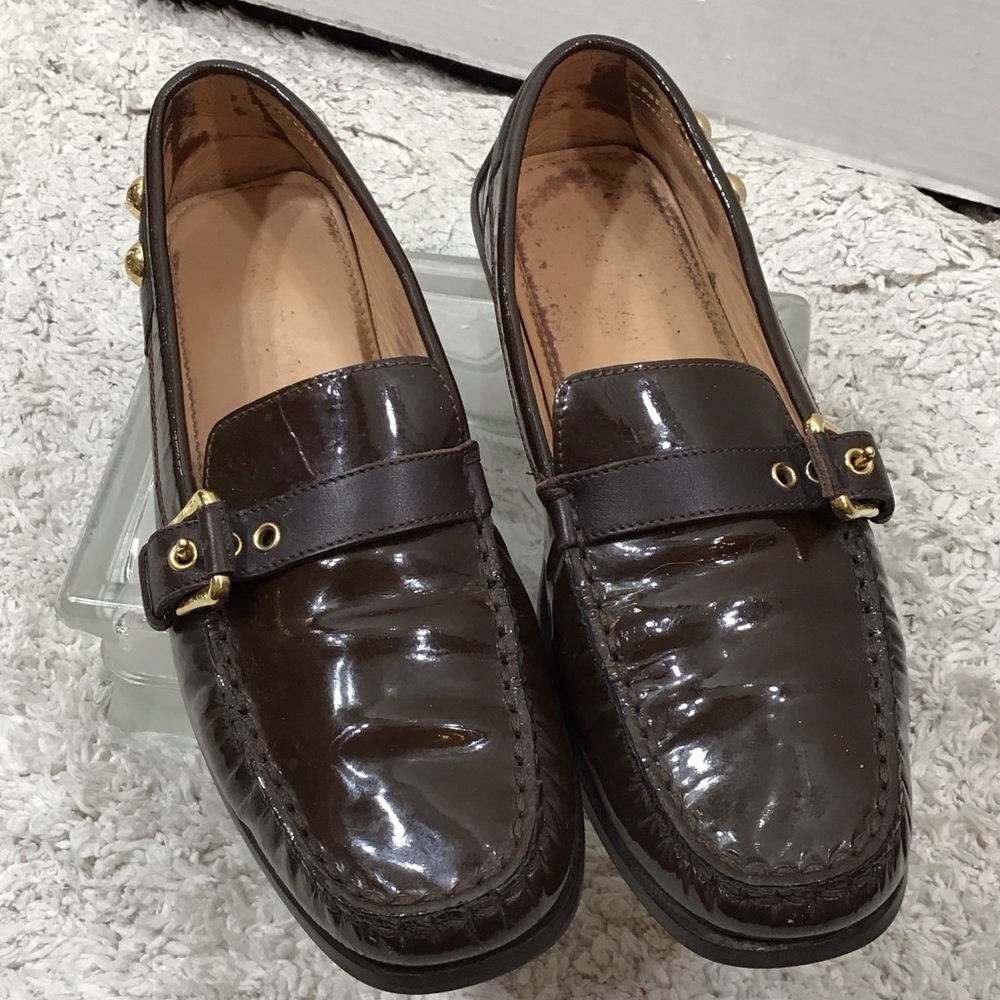 Louis Vuitton Dark Brown patent leather moccasin Loafers with Gold Buckles 37